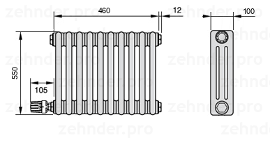 Схема (чертеж) Радиатор Zehnder Charleston 3055/10 №V003 Белый глянцевый RAL 9016